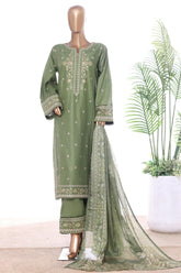 Bin Saeed Stitched 3 Piece Luxury Emb Lawn With Contrass Emb Shalwar & Bellbottom Suit-LF-3184-GREEN