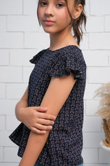 Sprinkles Stitched 1 Piece Summer Shirts Kids Collection'2025-Girls Black Ruffle Armhole Floral Pattern Print Top