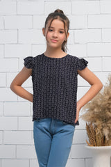 Sprinkles Stitched 1 Piece Summer Shirts Kids Collection'2025-Girls Black Ruffle Armhole Floral Pattern Print Top