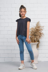 Sprinkles Stitched 1 Piece Summer Shirts Kids Collection'2025-Girls Black Ruffle Armhole Floral Pattern Print Top