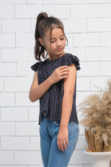 Sprinkles Stitched 1 Piece Summer Shirts Kids Collection'2025-Girls Black Ruffle Armhole Floral Pattern Print Top