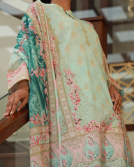 Chameli Studio women’s mint green floral embroidered lawn unstitched three-piece suit with matching printed dupatta and straight trousers, lightweight summer ethnic outfit.