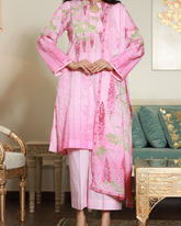 Whispered Grace Lawn Digital Print Unstitched Suit Set in delicate blush pink with soft floral design and lace-style borders, three-piece outfit for women.