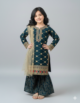 Khanak Stitched Kids-Teal Gharara-KG 018