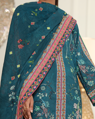 Spring Crush Lawn Digital Print Unstitched Suit Set in rich teal with elegant floral and geometric print, three-piece outfit for women.