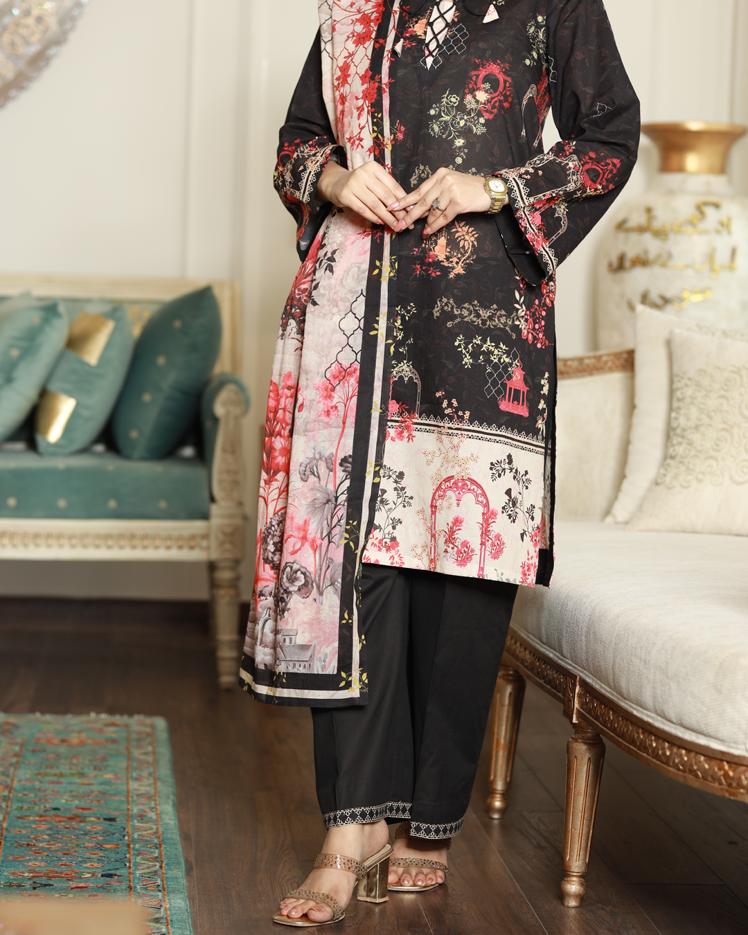 Midnight Elegance Lawn Digital Print Unstitched Suit Set in black with bold cream motifs, three-piece lightweight lawn fabric ethnic outfit for women.