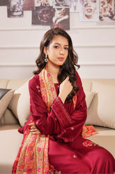 Modern Modesty By G Basics Gulmina Stitched 3 Piece Winter Suit-BURGUNDY (3PC)