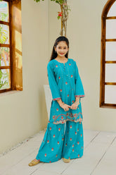 Khanak Stitched Kids-Dark Cyan Embroidered Gharara KST 116