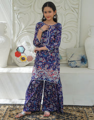 Khanak Stitched Kids-Cobalt Blue Embroidered Gharara KST 194