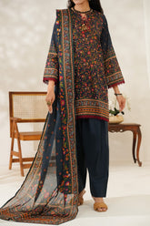 Aizal Stitched 3 Piece Printed Lawn Suit-D-642-Navy Blue
