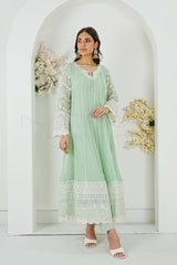 Manahils Stitched Formals Kurti 121-Crimson Glow- Mint Green