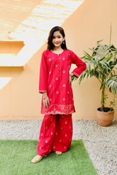 Khanak Stitched Kids-Deep Pink Embroidered Gharara KST 109