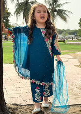 Modest Stitched 3 Piece Formals Kids Collection'2025-Pearl Cape Dress - Blue