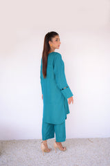 Tehzeeb Threads Solids Collection-Elegant Teal Co-Ord Set | Stitched - 2 Piece | Shirt & Trouser
