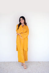 Tehzeeb Threads Solids Collection-Vibrant Mustard Co-Ord Set | Stitched - 2 Piece | Shirt & Trouser