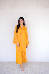 Tehzeeb Threads Solids Collection-Vibrant Mustard Co-Ord Set | Stitched - 2 Piece | Shirt & Trouser