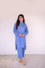 Tehzeeb Threads Solids Collection-Azure Blue Co-Ord Set | Stitched - 2 Piece | Shirt & Trouser