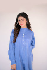 Tehzeeb Threads Solids Collection-Azure Blue Co-Ord Set | Stitched - 2 Piece | Shirt & Trouser
