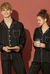 Studio By Arj She's Inn Vogue Contrast Pipping Satin Silk Couple Pajama Sets ARJ-COUP-02-BLK