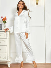 Studio By Arj Bella de Fashion Effortless Elegance Women Summer Pajamas Set Notch Collar Satin Blouse and Ruffle Hem Pants Set