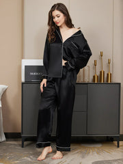 Studio By Arj Bella de Fashion Trendy Touches Contrast Pipping Satin Silk Black Pajama Set ARJ-PJ27-BLK