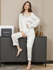 Studio By Arj Bella de Fashion Essential Elegance Contrast Pipping Satin Silk White Pajama Set ARJ-PJ27-WHT