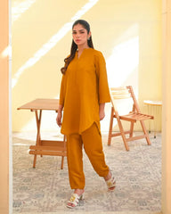 Zauk Stitched 2 Piece Collection-Mustard Two Piece Dress