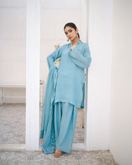 Zauk Stitched 3 Piece Collection-Cyan - Farshi Shalwar Set
