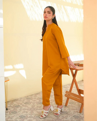 Zauk Stitched 2 Piece Collection-Mustard Two Piece Dress