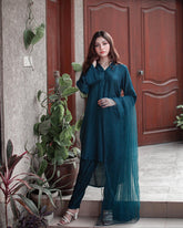 Zauk Stitched 3 Piece Collection-Teal Blue Three Piece Dress