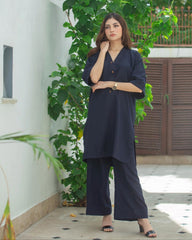 Zauk Stitched 2 Piece Collection-Navy Blue Two Piece Dress
