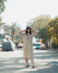 Zauk Stitched 2 Piece Collection-Beige Two Piece Dress