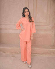 Zauk Stitched 2 Piece Collection-Peach Two Piece Dress