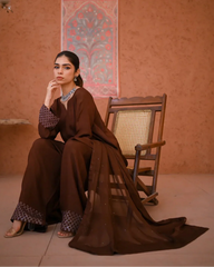 Zauk Stitched 3 Piece Collection-Rosewood - Farshi Shalwar Set