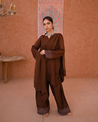 Zauk Stitched 3 Piece Collection-Rosewood - Farshi Shalwar Set