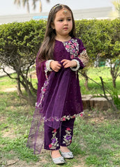 Modest Stitched 3 Piece Formals Kids Suit-Pearl Cape Shirt - Purple