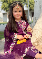 Modest Stitched 3 Piece Formals Kids Suit-Pearl Cape Shirt - Purple