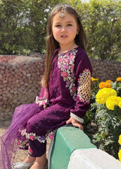 Modest Stitched 3 Piece Formals Kids Suit-Pearl Cape Shirt - Purple