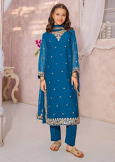 Modest Eid Edit 3 Piece Blue Embroidered Crinkle Suit