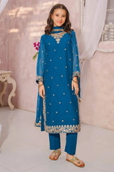 Modest Eid Edit 3 Piece Blue Embroidered Crinkle Suit