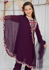 Modest Stitched 3 Piece Formals Kids Suit-Pearl Cape Shirt - Purple