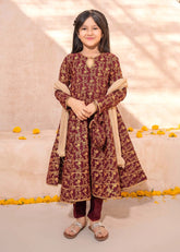 Modest Stitched 3 Piece Printed Rawsilk Frock Suit-10970-Maroon