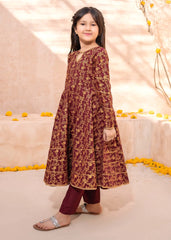Modest Stitched 3 Piece Printed Rawsilk Frock Suit-10970-Maroon