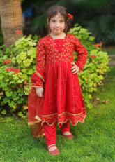 Modest Stitched 3 Piece Luxury Festive Kids Frock Collection'2025-Blooming Red