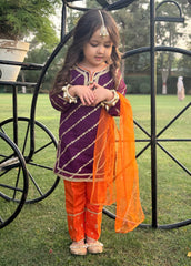 Modest Stitched 3 Piece Luxury Festive Kids Suit-Purple Delight