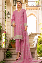 Bin Saeed Stitched 3 Piece Luxury Plain Cotton With Chiffon Dupatta Suit-SMPC-1862-Pink