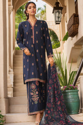 Bin Saeed Stitched 3 Piece Luxury Plain Cotton With Chiffon Dupatta Suit-SMPC-1828-Navy Blue