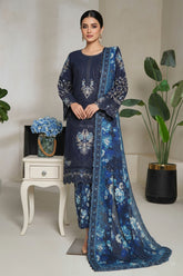 Bin Saeed Stitched 3 Piece Luxury Plain Cotton With Emb Printed Back Suit-NSM-2473-Blue