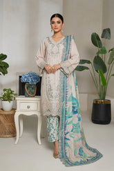 Bin Saeed Stitched 3 Piece Luxury Plain Cotton With Emb Printed Back Suit-NSM-2479-Off White
