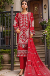 Bin Saeed Stitched 3 Piece Emb Luxury Plain Cotton Vol-02 Collection-LF-1668-Red